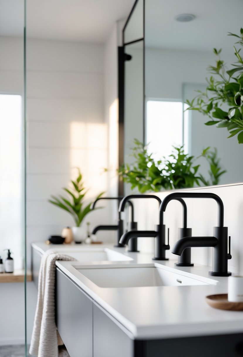 A bathroom sink area with several black matte faucets mounted on a light countertop, surrounded by minimal accessories and neutral-colored walls.