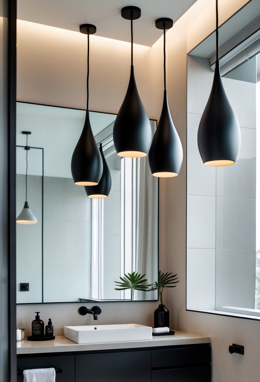 A modern bathroom with black pendant lights hanging above a vanity with a large mirror and countertop.