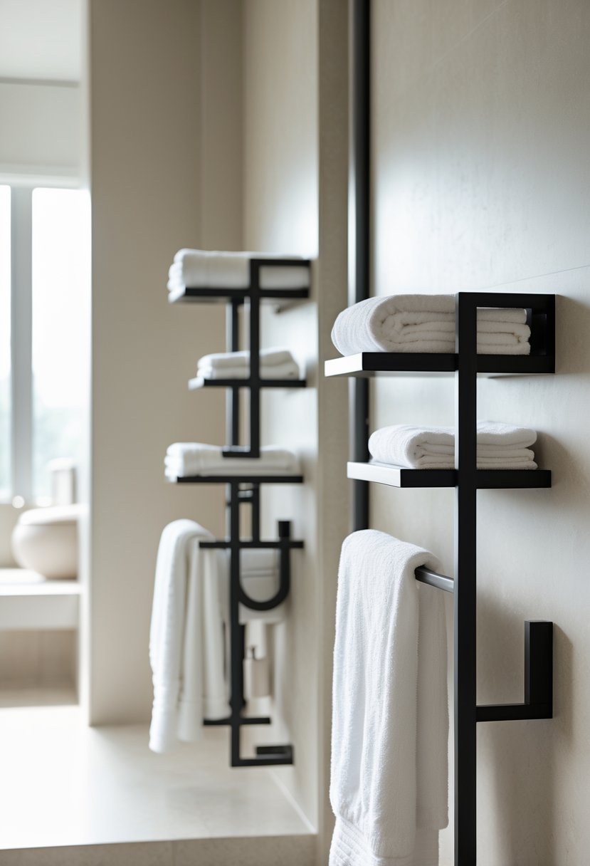 A bathroom interior with black towel racks holding white towels mounted on light-colored walls.