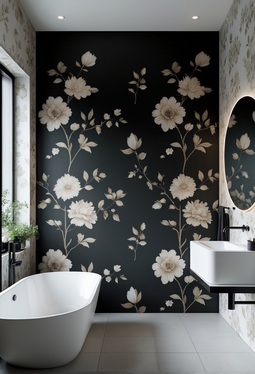Modern bathroom with a black accent wall covered in floral wallpaper, a white bathtub, and a vanity with a round mirror.
