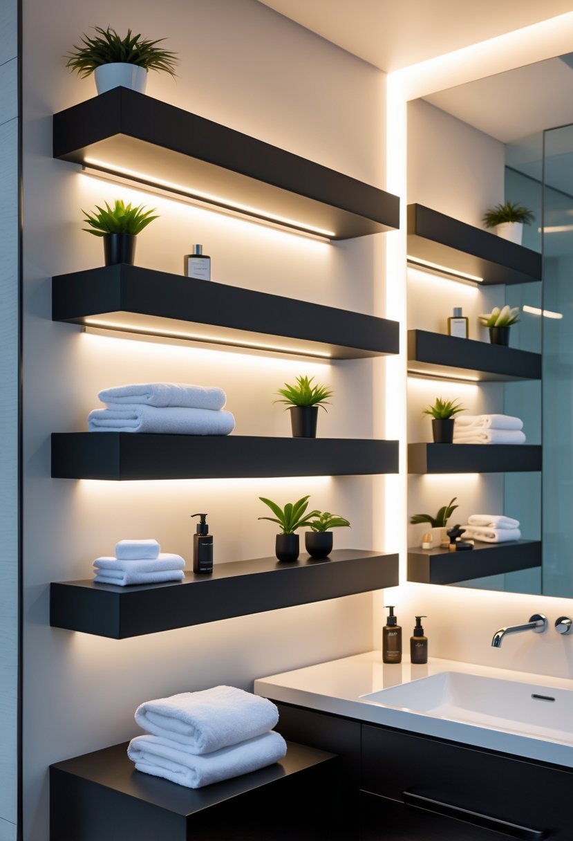 A bathroom with black shelves that have built-in LED lights, displaying towels and plants above a sink with a mirror.