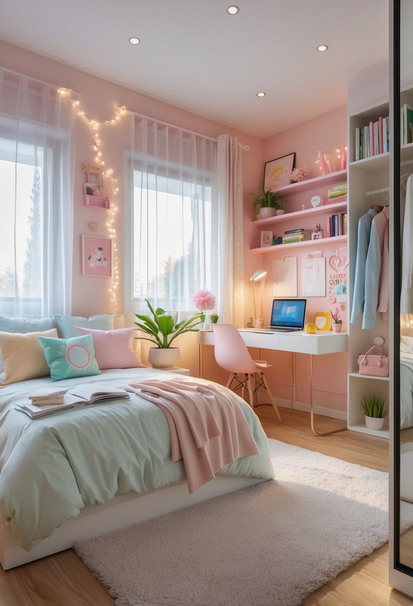 v2 165gzi mi5m8 A teenage girl's bedroom with a bed, desk, chair, shelves, plants, and wall decorations in natural light.