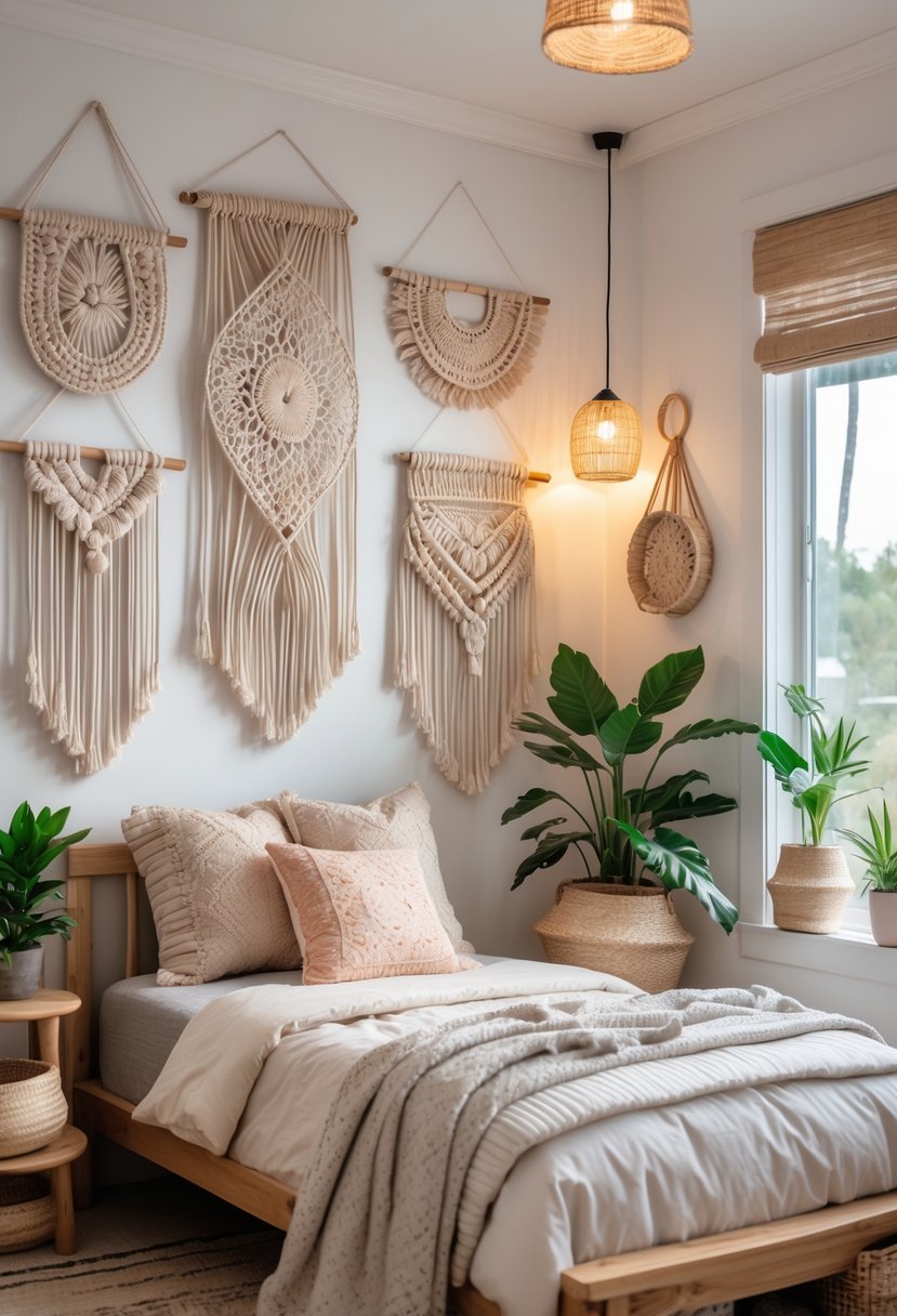 v2 165h02 q8fyj A teenage girl's bedroom with a bed, plants, wooden furniture, and decorative wall hangings.
