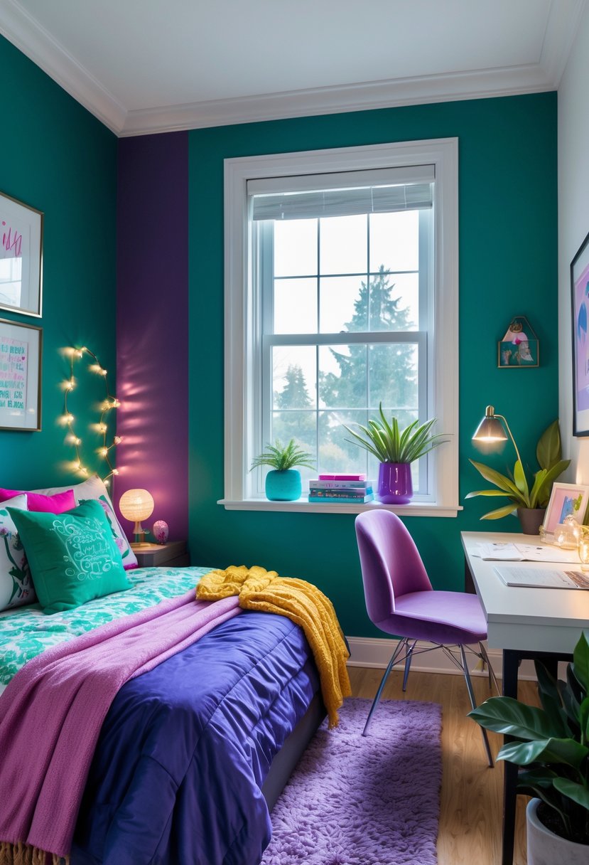 v2 165h0f wplqu A teenage girl's bedroom with a bold deep jewel tone accent wall, a cozy bed, desk, and decorative plants.