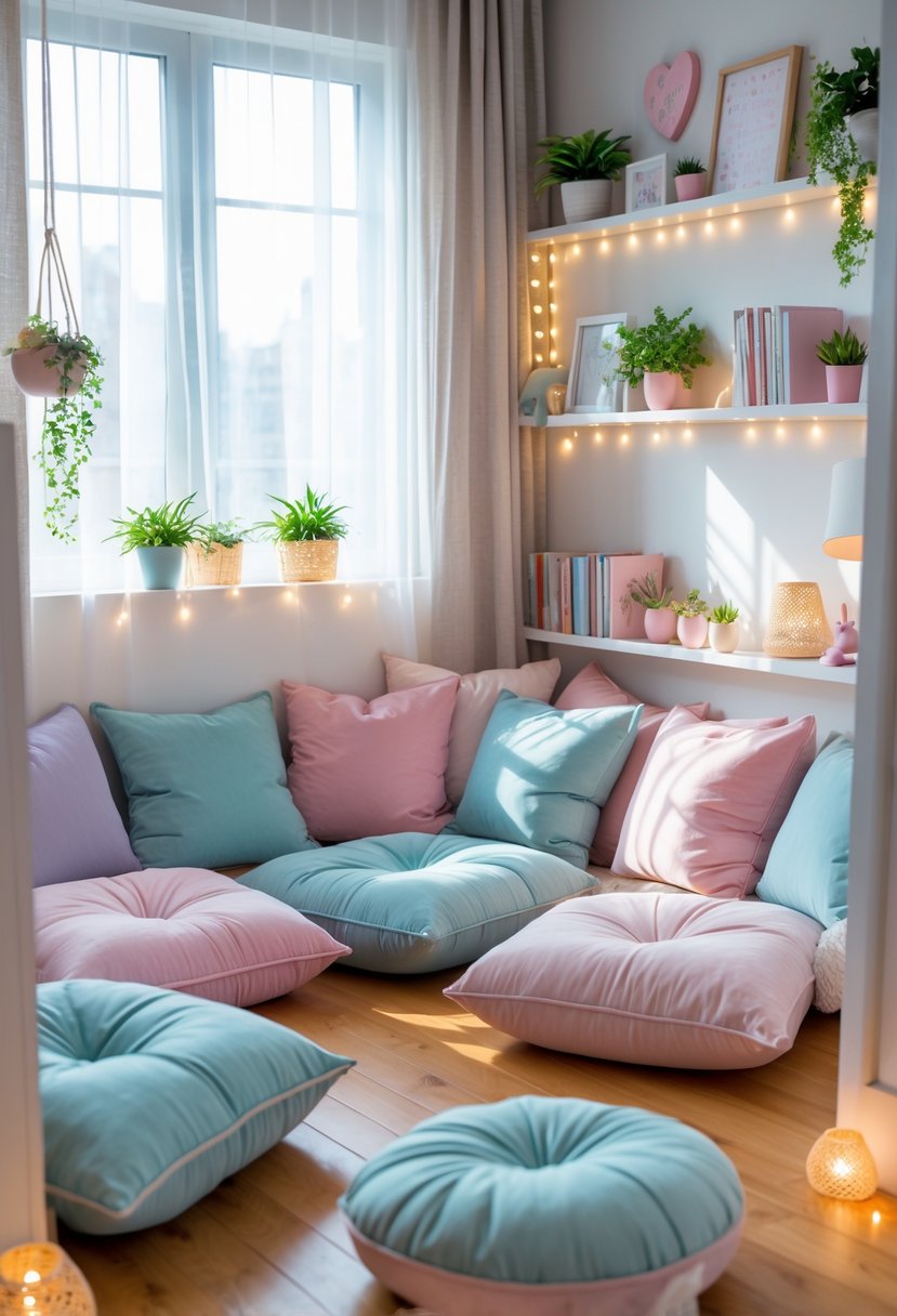 v2 165h0r A cozy reading nook with floor cushions, bookshelves, and soft natural light in a teen girl's bedroom.