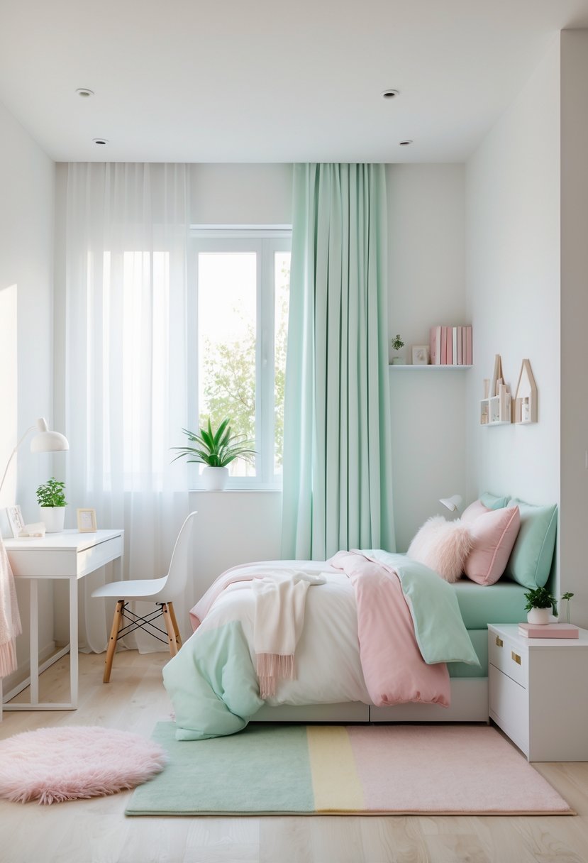 v2 165h15 o4aod A tidy teen girl's bedroom with a bed, desk, window, and soft pastel colors.