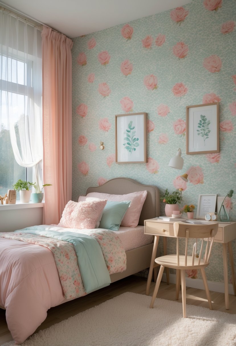 v2 165h1j td4wp A teenage girl's bedroom with vintage floral wallpaper, a bed with pastel bedding, a desk with a lamp and books, and natural light coming through a window.