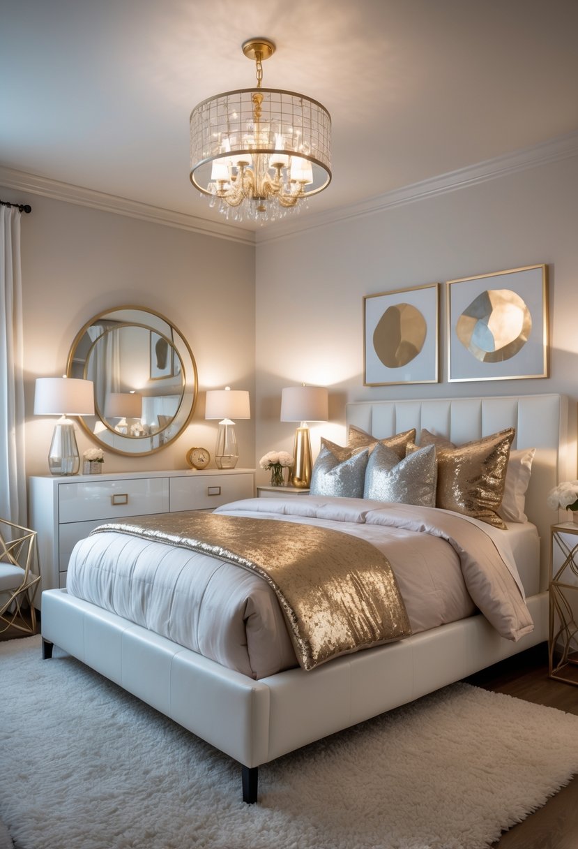 v2 165h28 1doeu A teenage girl's bedroom with a bed, dresser, mirror, chair, and decorative items arranged neatly in a softly lit room.