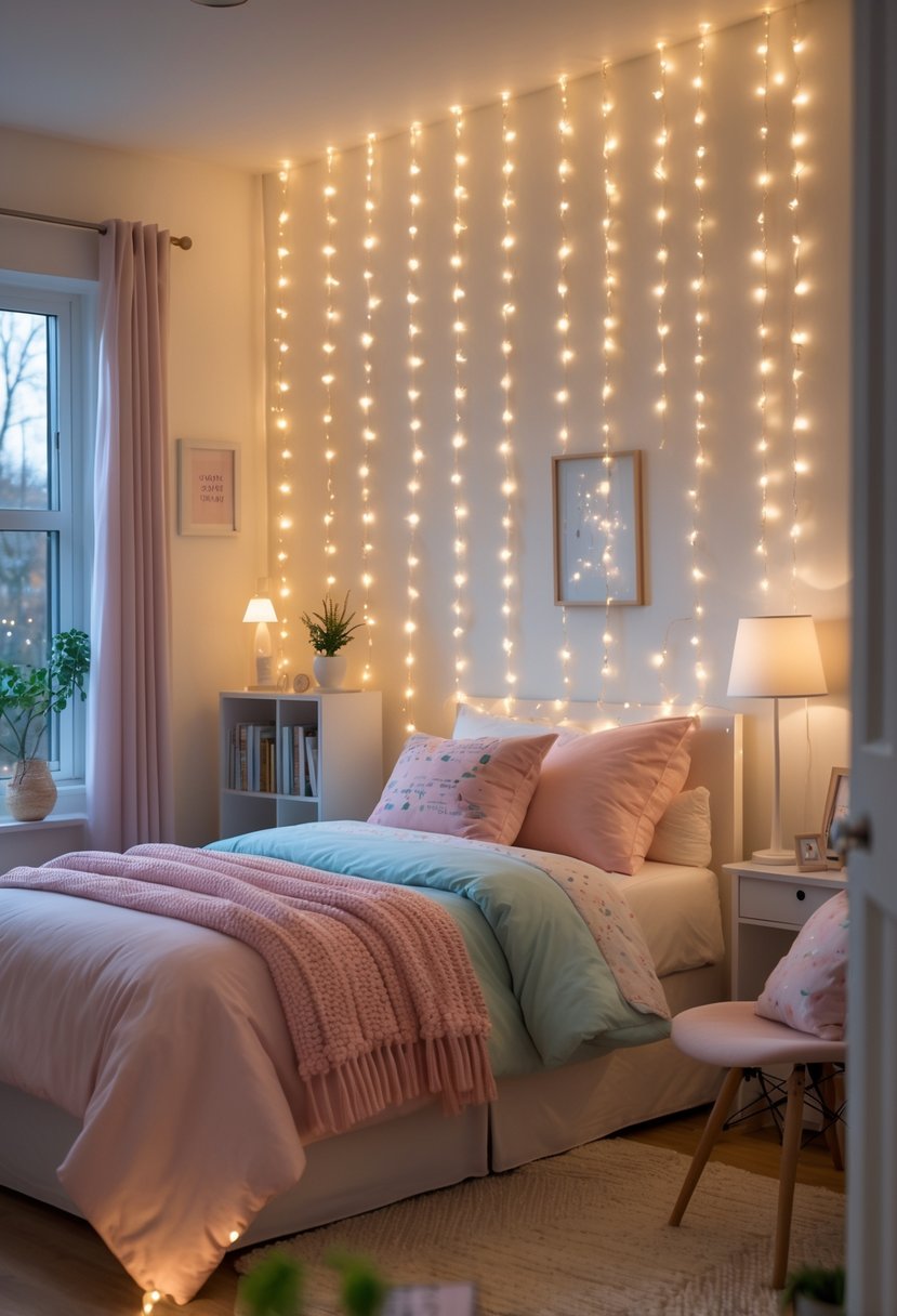 v2 165h2n ygyvk A teenage girl's bedroom with hanging fairy lights creating a soft glow over the bed and cozy decor.