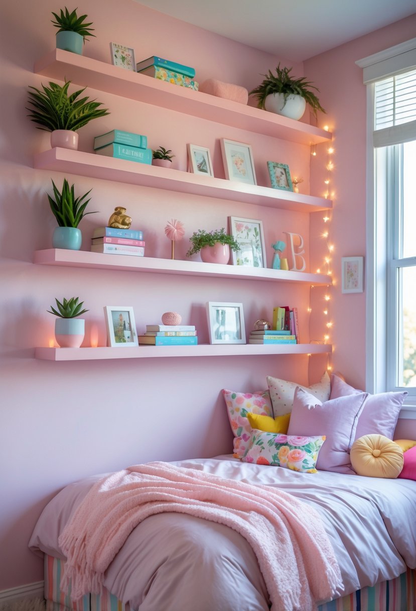 v2 165h32 541o8 A teen girl's bedroom with floating shelves holding books and decor, a cozy bed, and natural light coming through a window.