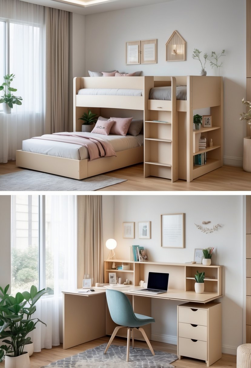 v2 165h3h 7i7ej A teenage girl's bedroom featuring a loft bed with a desk underneath, decorated with books, a laptop, plants, and cozy bedding.