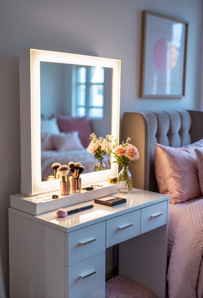 v2 165h4d i3322 A teen girl's bedroom with a vanity station featuring a lighted mirror, makeup items, and a cozy bed in the background.