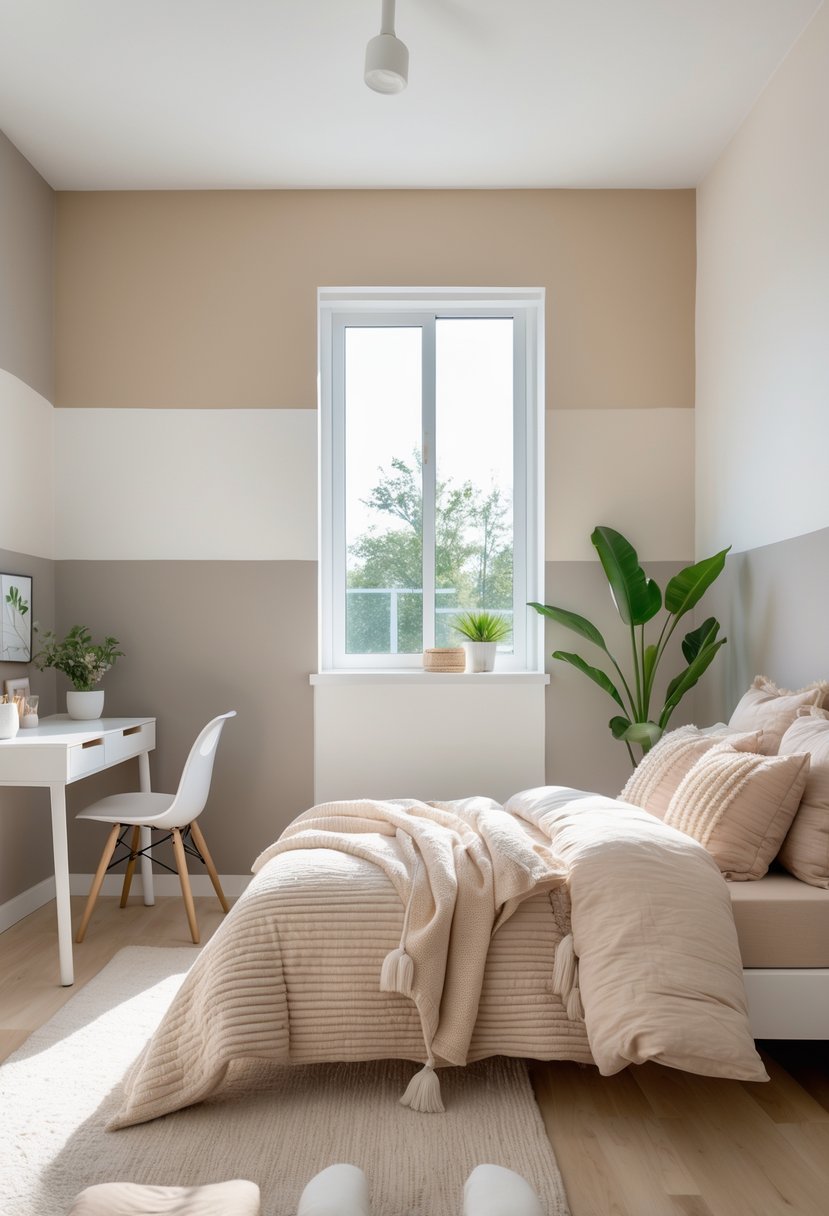 v2 165h4v foyad A bright teen girl's bedroom with color-blocked neutral walls, a neatly made bed, a desk, and natural light coming through a window.