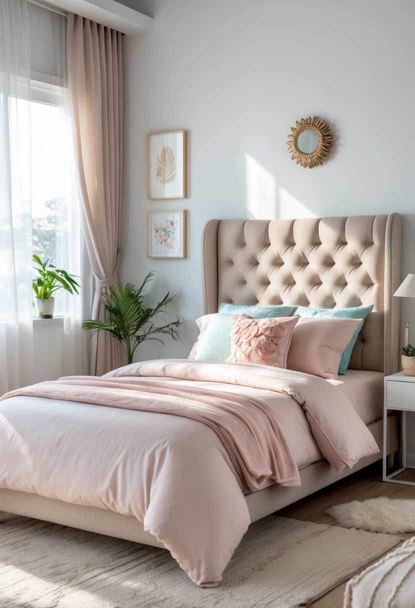 v2 165h59 r3hah A neatly made bed with an upholstered headboard in a bright teenage girl's bedroom, featuring soft bedding, a bedside table, and plants.