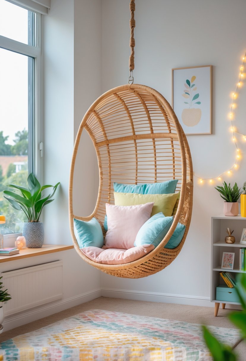 v2 165h5o vf3t9 A teen girl's bedroom with a wall-mounted hanging chair, bed, bookshelf, plants, and natural light.