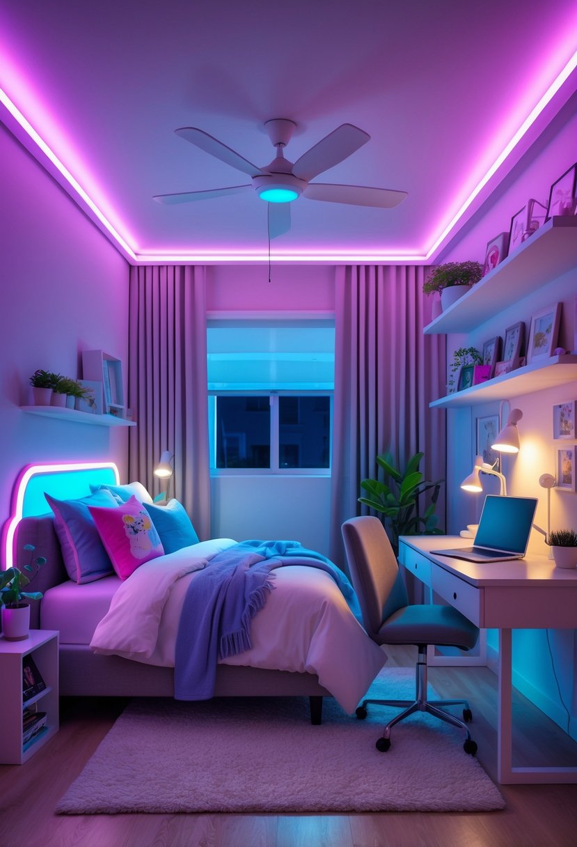 v2 165h61 ar0tn A teenage girl's bedroom with LED strip lights glowing in pastel colors around the ceiling and under the bed, showing a cozy and organized space with a bed, desk, and shelves.