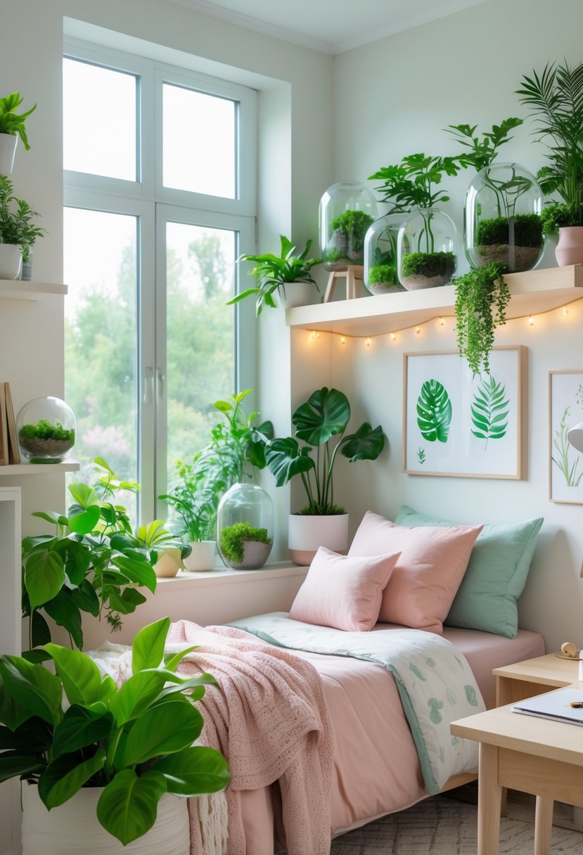 v2 165h6f 7n92w A teenage girl's bedroom with green plants and glass terrariums on shelves and a desk, featuring a bed with pastel bedding and natural light coming through windows.
