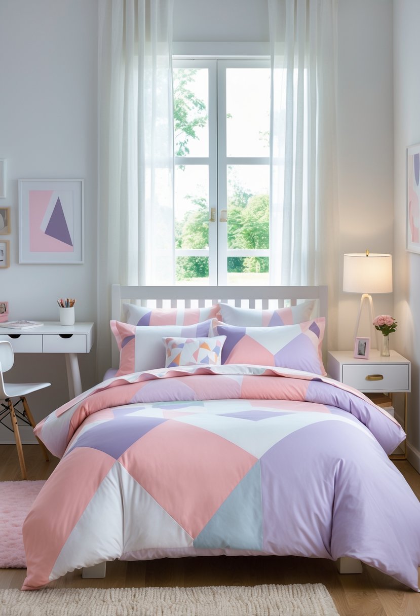 v2 165h6s w00dq A bright teen girl's bedroom with a bed covered in geometric patterned bedding and simple, modern furniture.