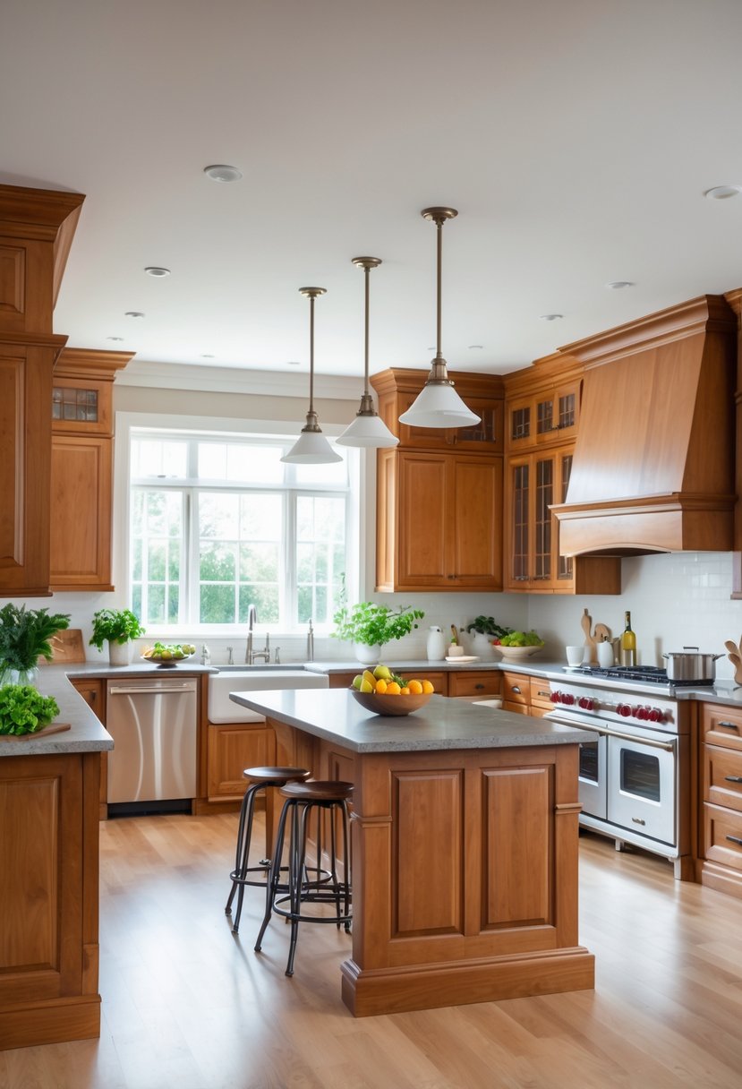 A kitchen with an L-shaped layout and a central island with stools, featuring wooden cabinets and large windows letting in natural light.