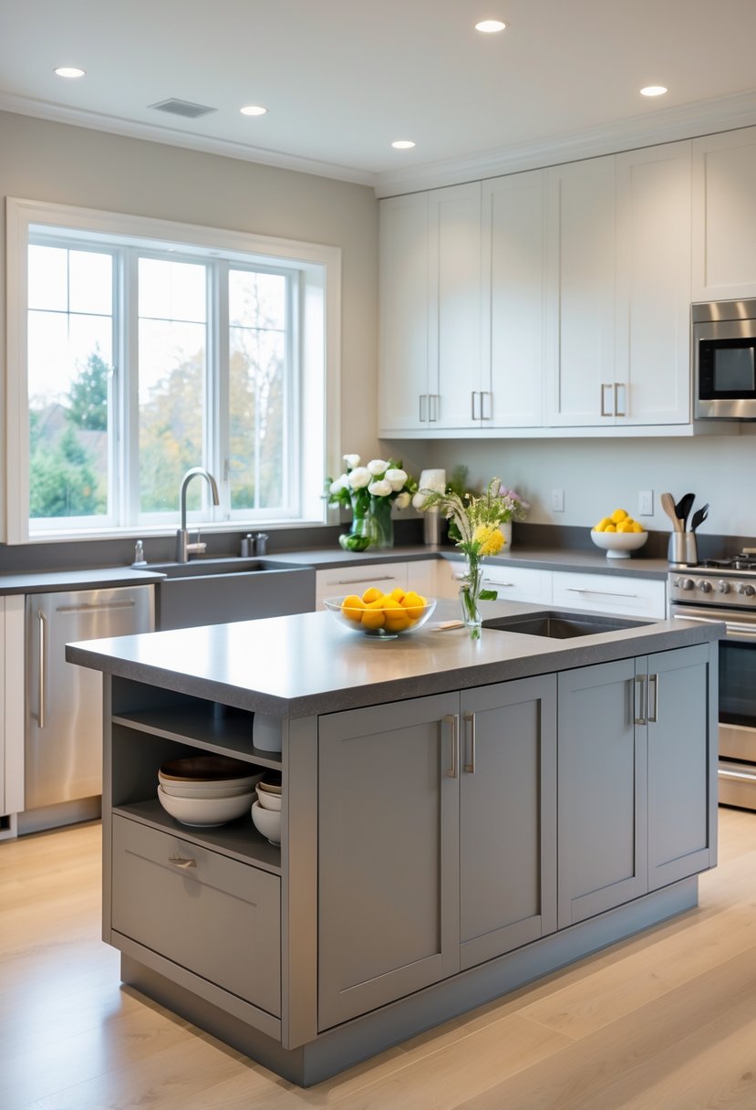 A modern kitchen with a T-shaped island in the center, surrounded by cabinets and appliances, featuring a clean and spacious countertop.