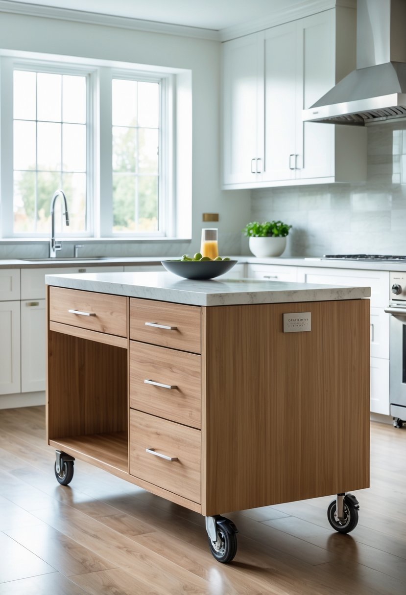 A modern kitchen with a mobile kitchen island on wheels in the center, surrounded by cabinetry and appliances.