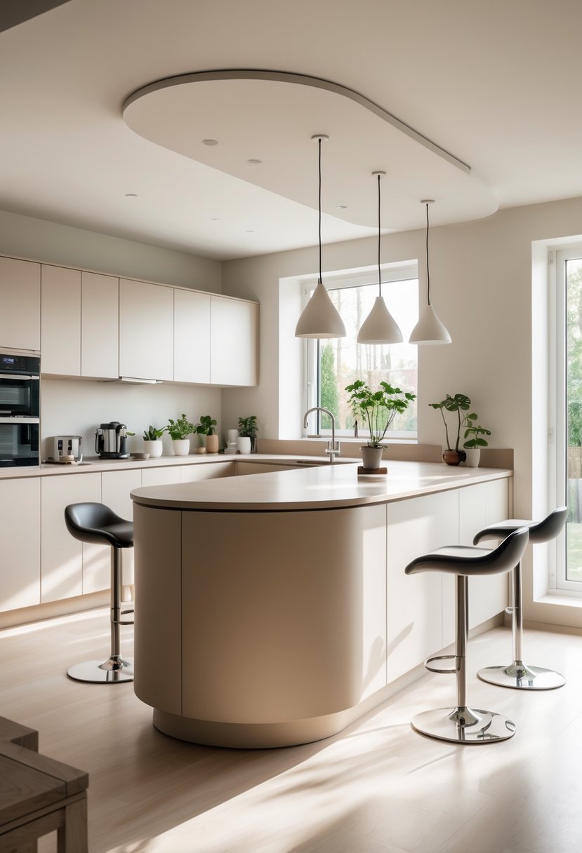 A modern kitchen with a curved island, bar stools, large windows, and clean cabinetry.