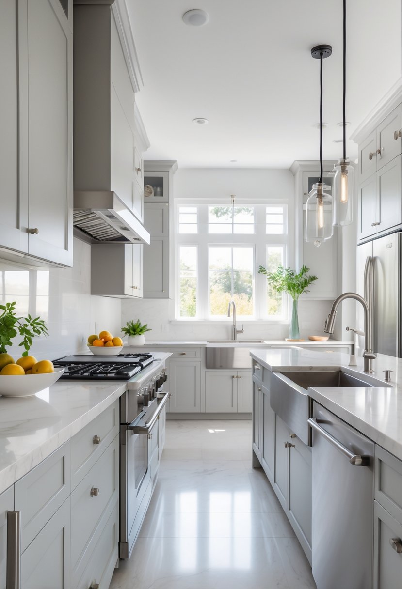 A modern kitchen with a large island featuring built-in cooktop, oven, and sink, surrounded by cabinets and natural light.