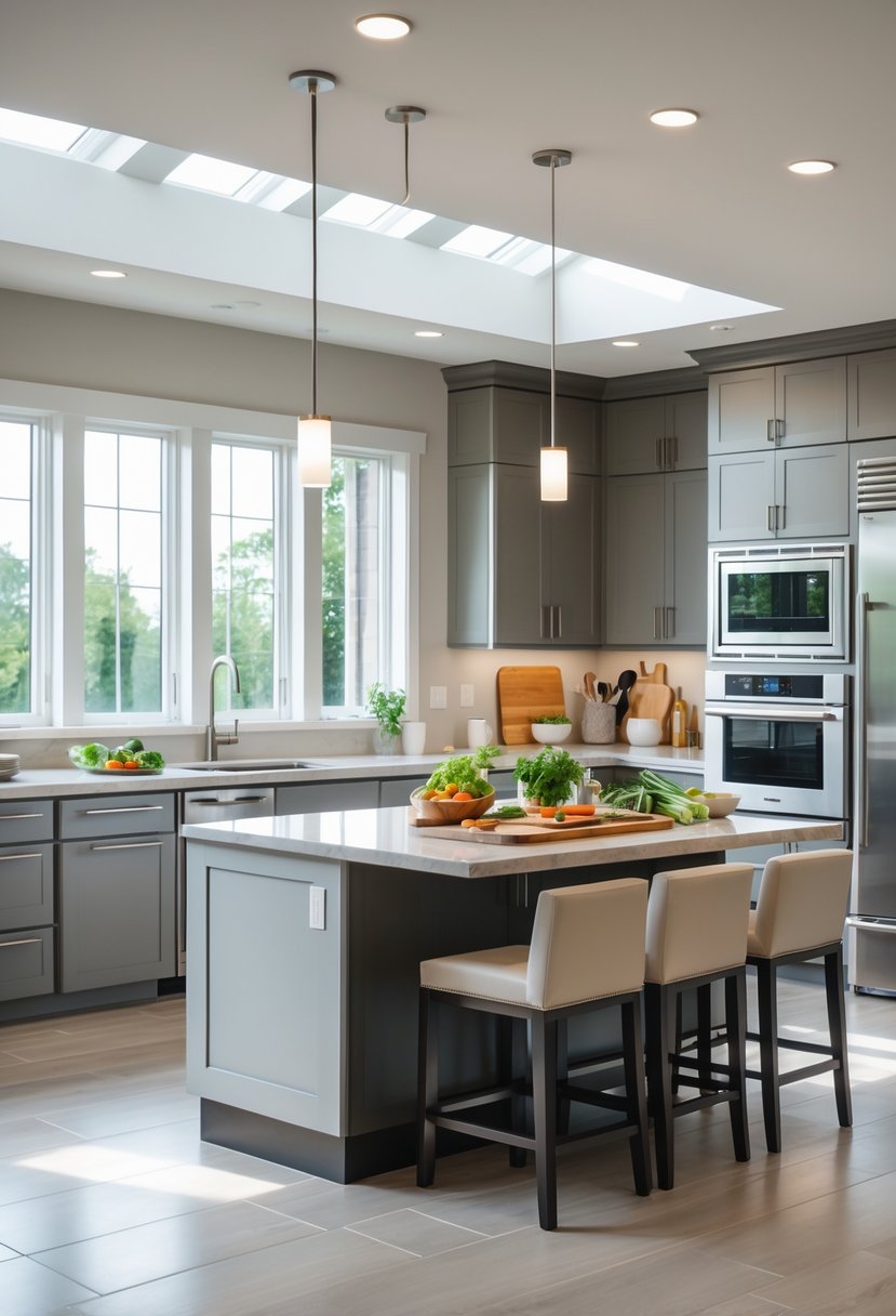 A modern kitchen with a multi-level island featuring seating and food preparation areas.
