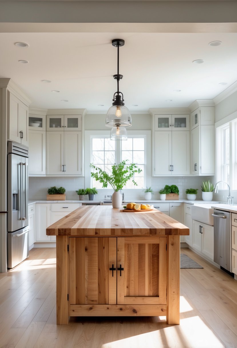 A spacious kitchen with a large wooden island countertop in the center, surrounded by cabinets and appliances, illuminated by natural light.