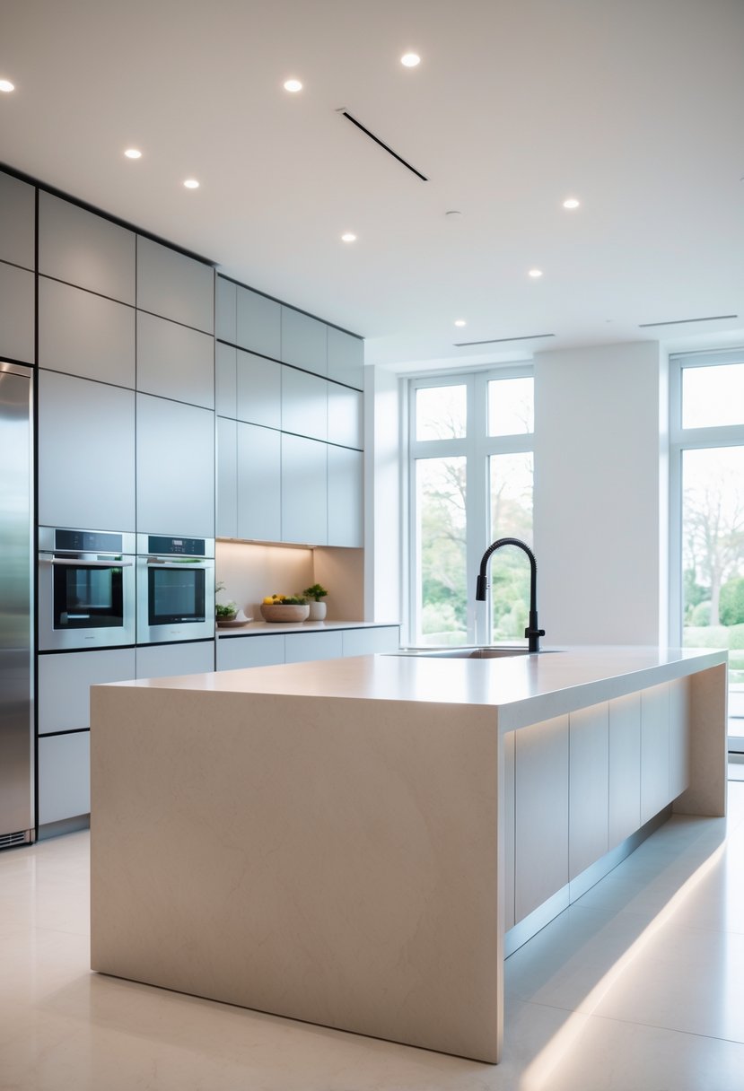 A modern kitchen with a minimalist island featuring a sleek waterfall edge countertop surrounded by contemporary cabinetry and appliances.