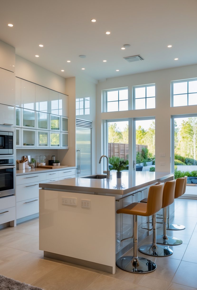 A modern kitchen with a peninsula island connected to counters, featuring a sink and bar stools in a bright, open space.