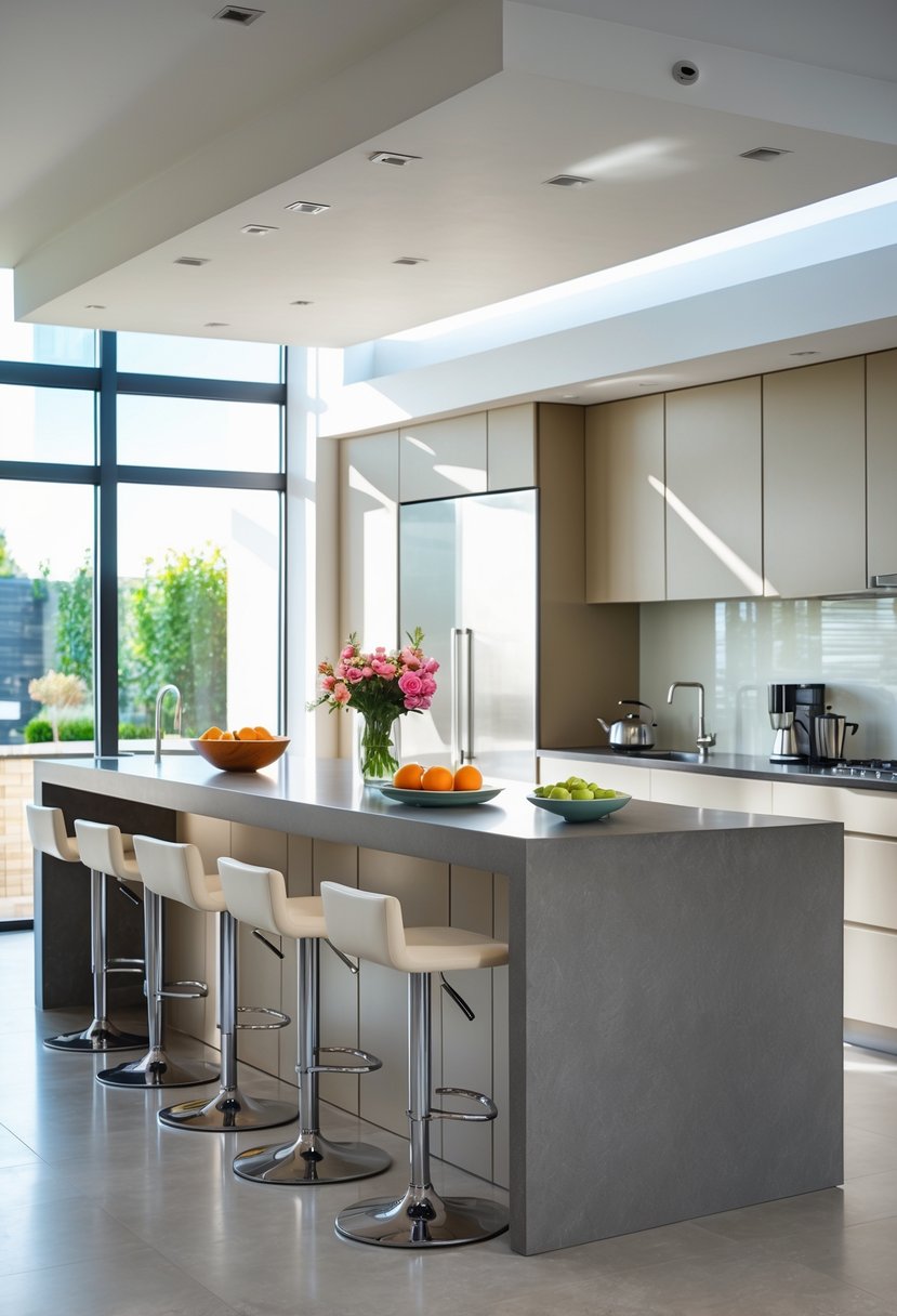 A modern kitchen with a large island featuring breakfast bar seating and several bar stools, surrounded by cabinetry and appliances.