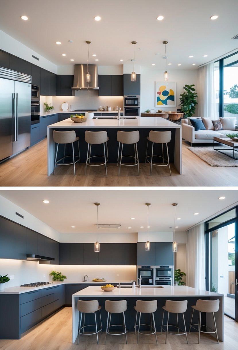 Open-plan kitchen with a central island connecting to a living area with a sofa and coffee table.