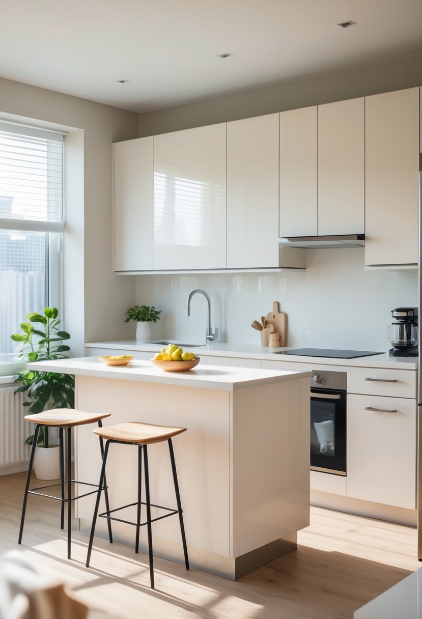 A small kitchen with a compact island in the center, featuring modern cabinets, appliances, and natural light.
