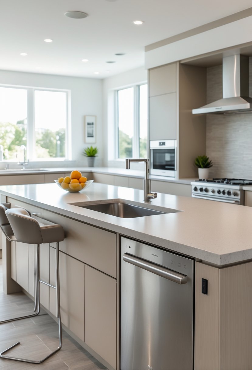A modern kitchen island with a built-in sink and dishwasher, surrounded by bar stools in a bright and spacious kitchen.