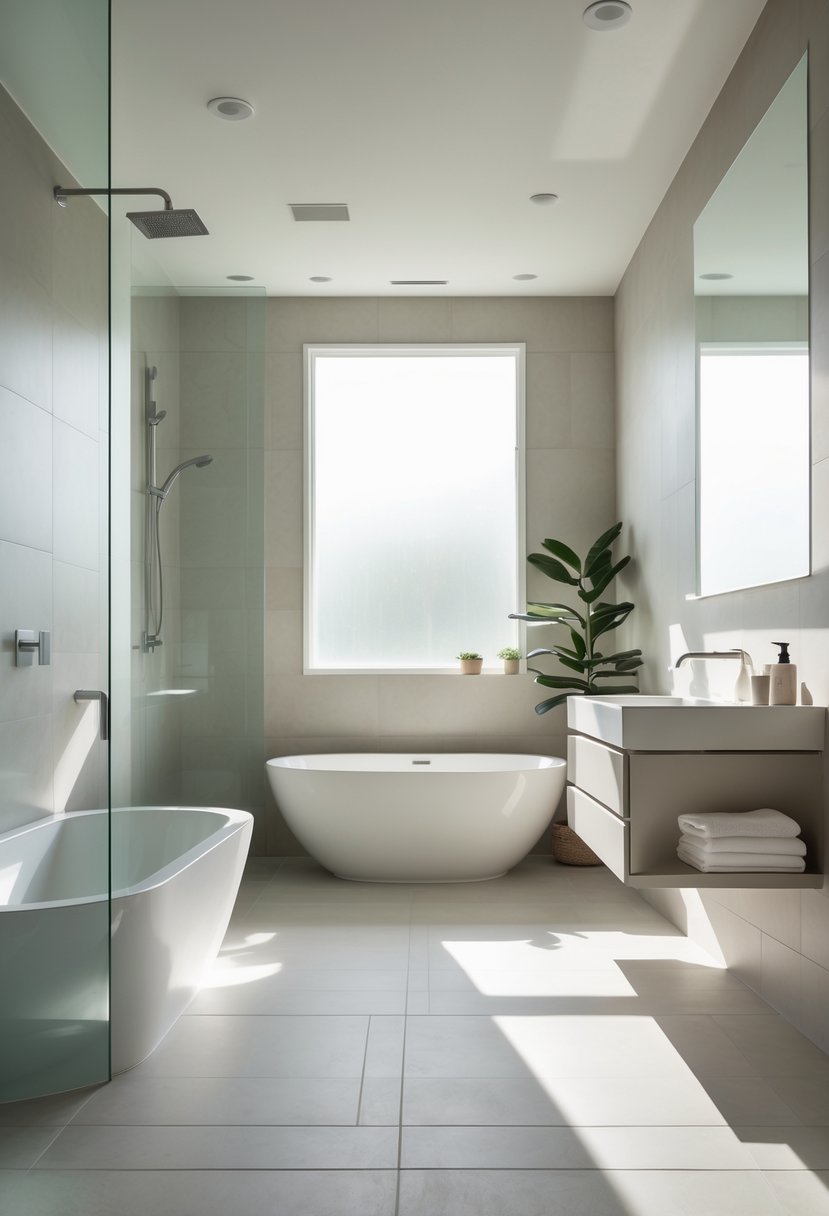 v2 16m8fr ns9cc A spacious bathroom with large porcelain tiles, a freestanding bathtub, glass shower, and a floating vanity under natural light.