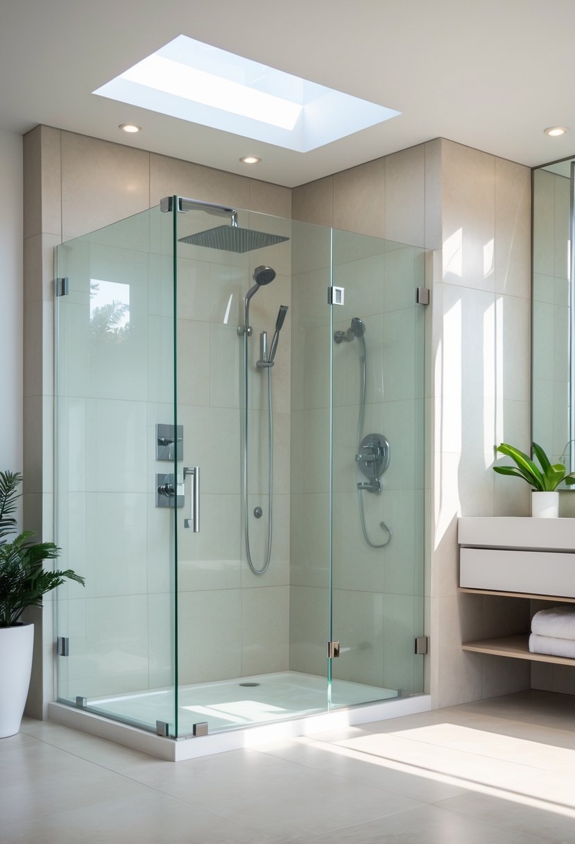 v2 16m8g4 A modern bathroom with a frameless glass shower enclosure, a floating vanity, and natural light.