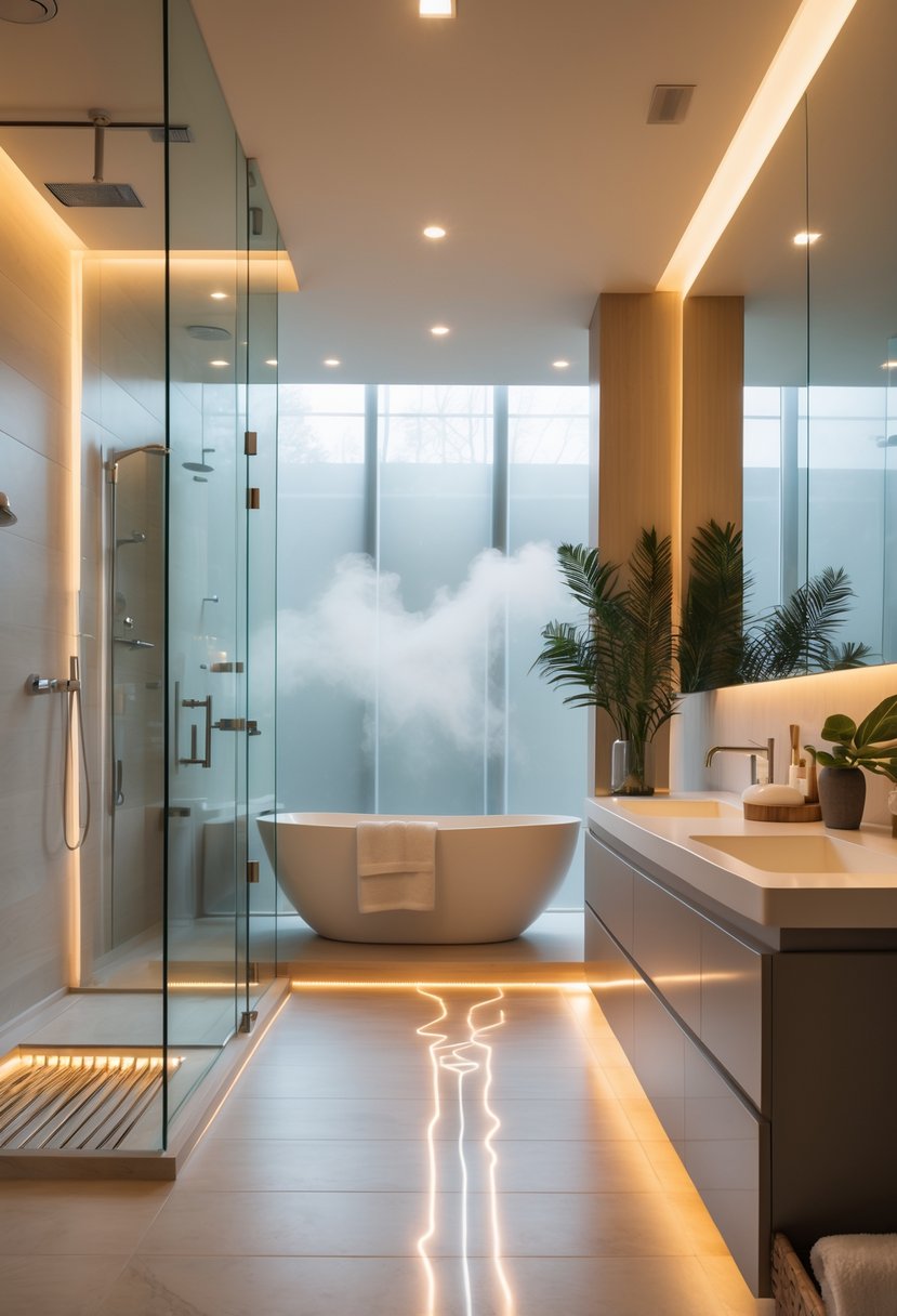 v2 16m8gi olca5 A modern bathroom with a freestanding bathtub, walk-in shower, double vanity, and warm heated flooring.