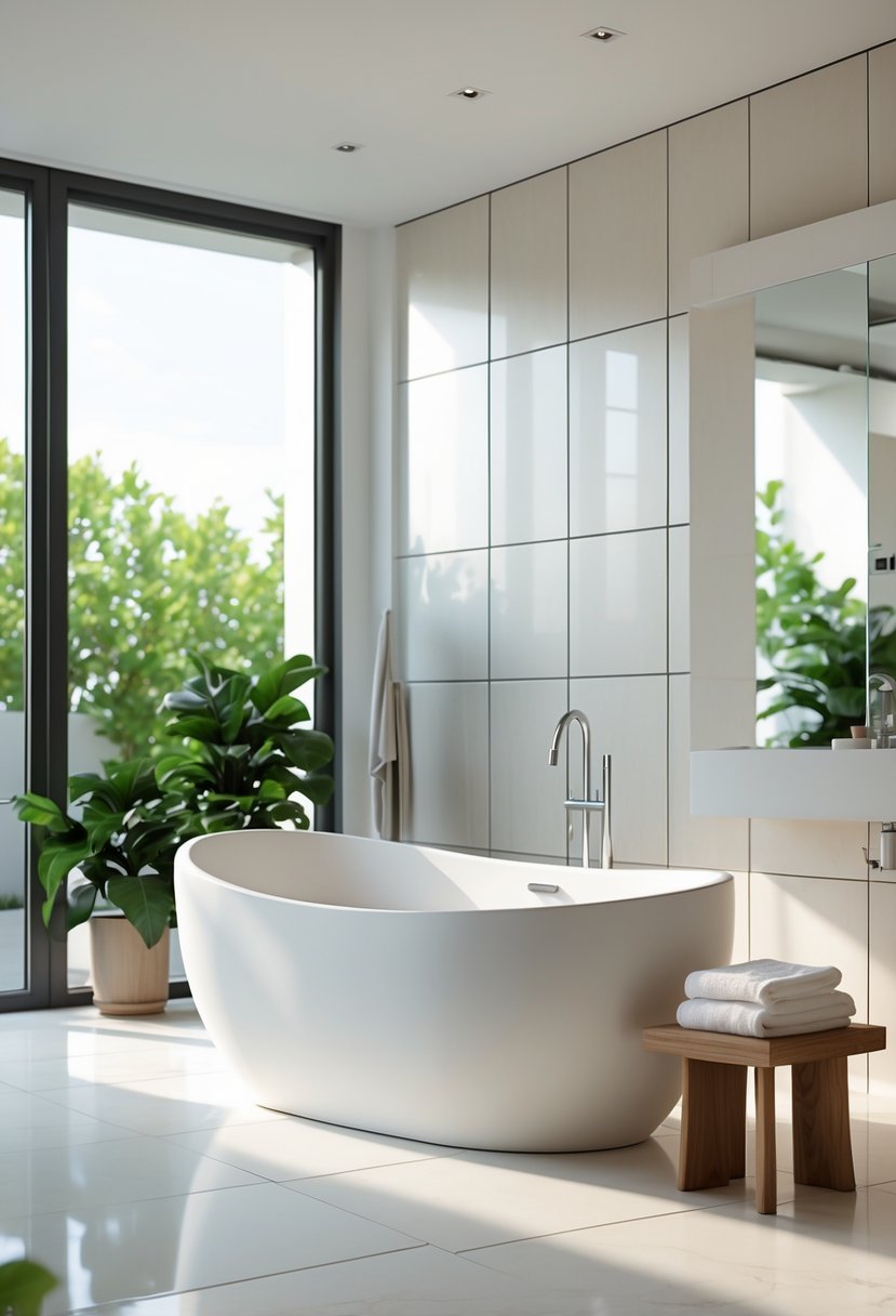 v2 16m8gx 8113v A spacious bathroom with a white freestanding bathtub as the centerpiece, surrounded by modern fixtures and natural light.