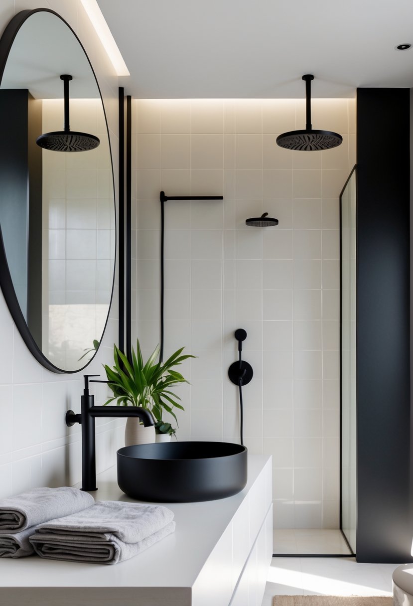 v2 16m8hd c6ta9 A modern bathroom with matte black faucet and showerhead, light tiles, a white countertop, a large mirror, and green plants.
