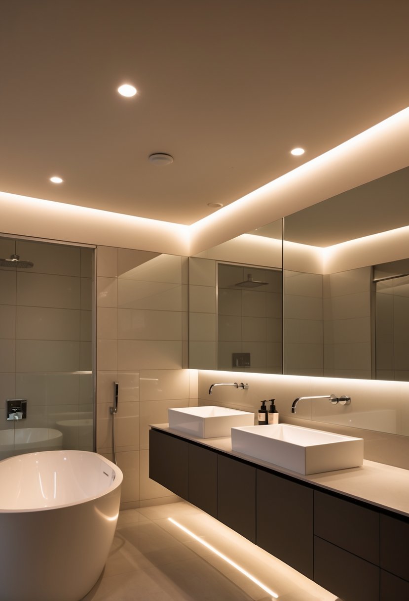 v2 16m8hr A modern bathroom with recessed ceiling lights creating a warm, adjustable ambiance, featuring a vanity, large mirror, and freestanding bathtub.