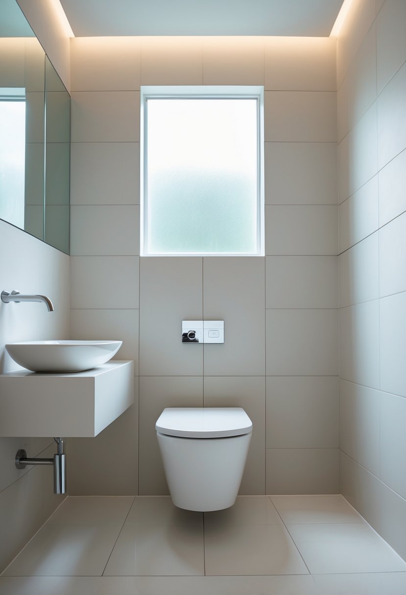 v2 16m8i3 670wn A modern bathroom with a wall-mounted toilet installed, showing a clean and spacious area with tiled walls and floor.