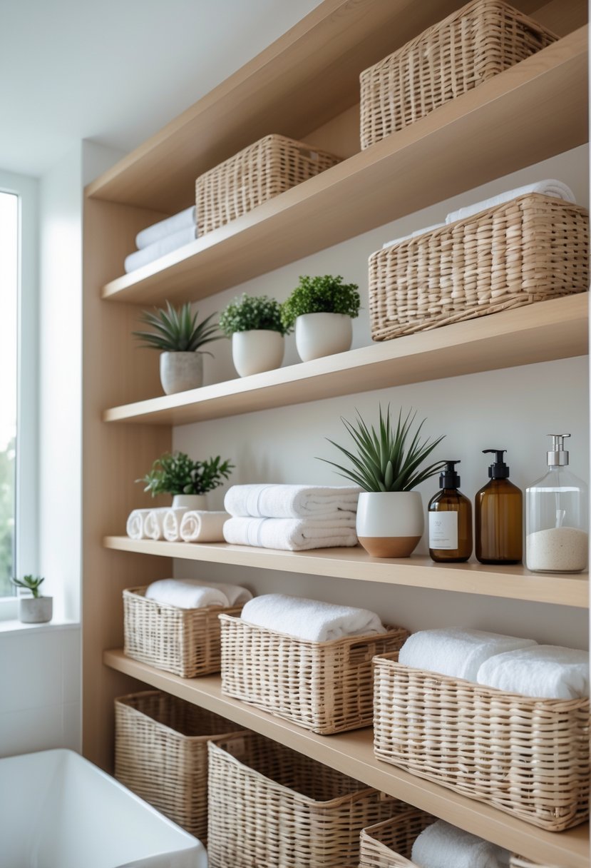 v2 16m8if A bathroom with open shelves holding woven baskets, towels, and bathroom items, illuminated by natural light.