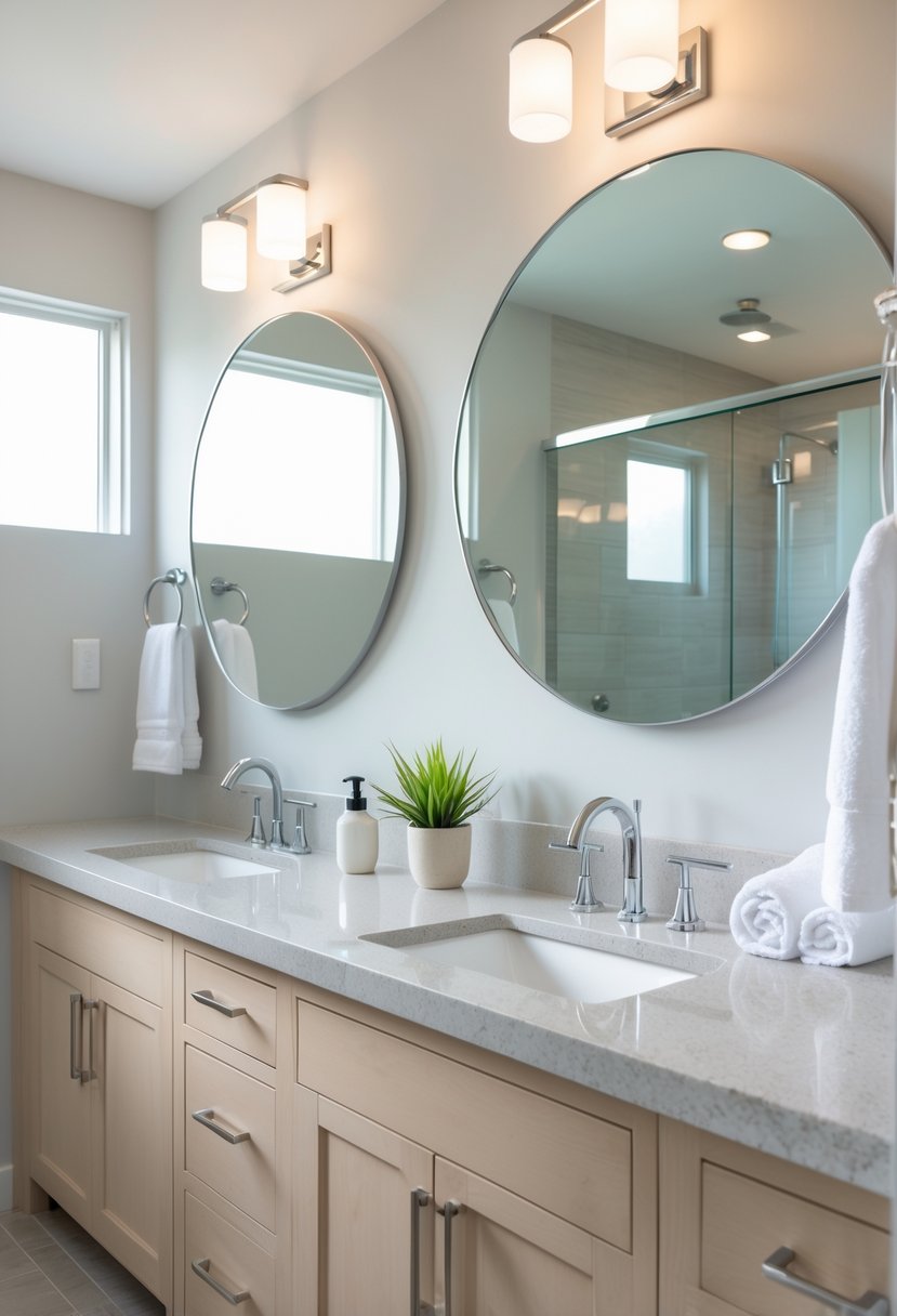v2 16m8on 251tu A bathroom with a double sink vanity and a quartz countertop, featuring two sinks, round mirrors, and decorative items on the counter.