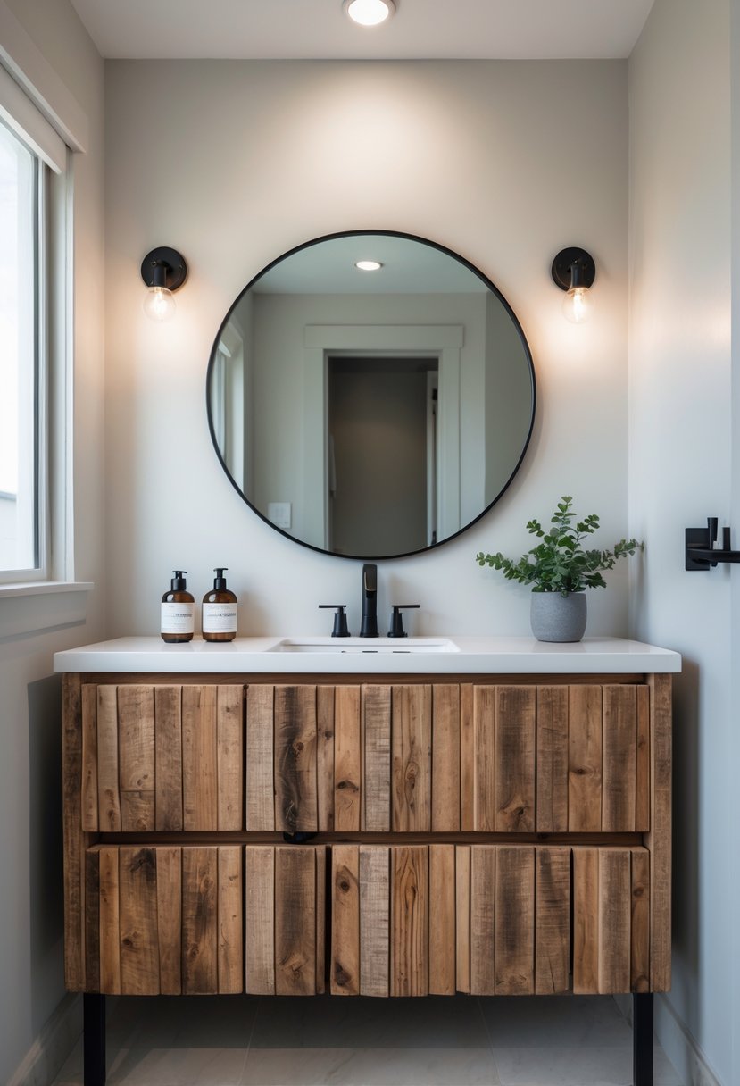 v2 16m8ow uc8qb A bathroom with a wooden vanity topped with a white countertop, a round mirror above it, black fixtures, and a small potted plant nearby.