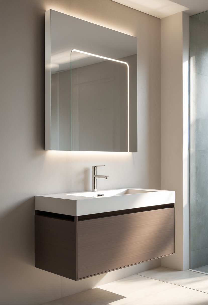v2 16m8p6 fpe6p A wall-mounted bathroom vanity with a white sink, wooden cabinet, and a large mirror above it in a clean and bright bathroom.