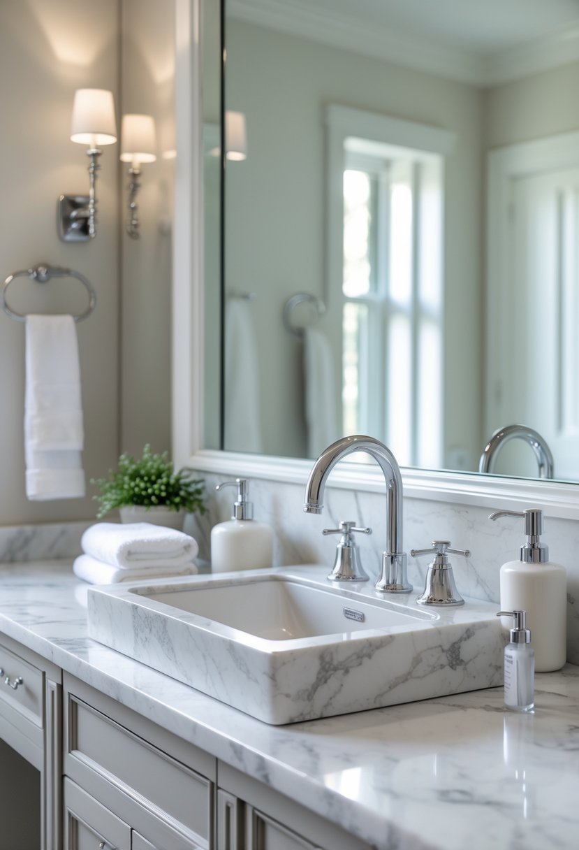 v2 16m8pq 9gwzh A bathroom vanity with a marble countertop, sink, faucet, mirror, and neatly arranged accessories.