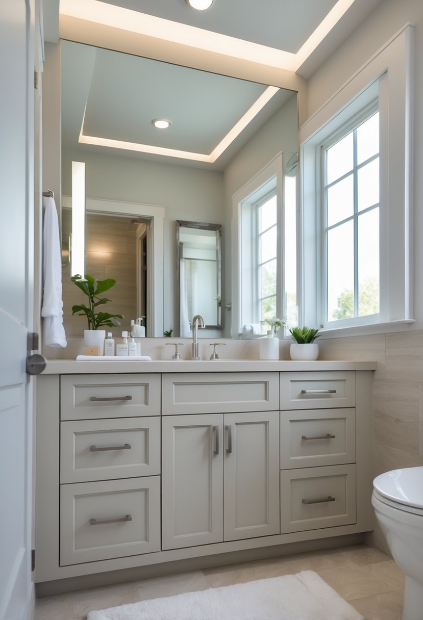 v2 16m8pz ljva3 A bathroom with a built-in vanity cabinet, countertop, mirror, and natural light.