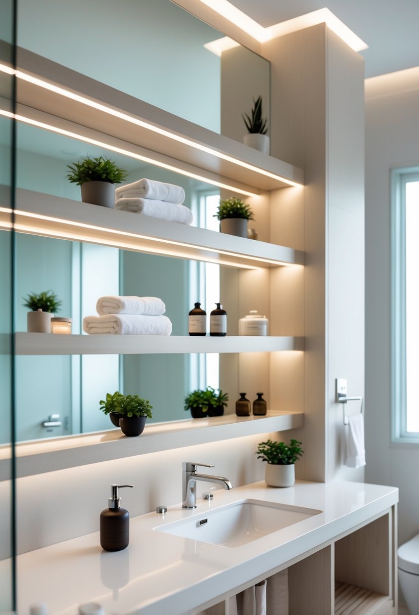 v2 16m8q7 3o13h A bathroom vanity with open shelves holding towels and decor, a sink with a faucet, and a large mirror above.