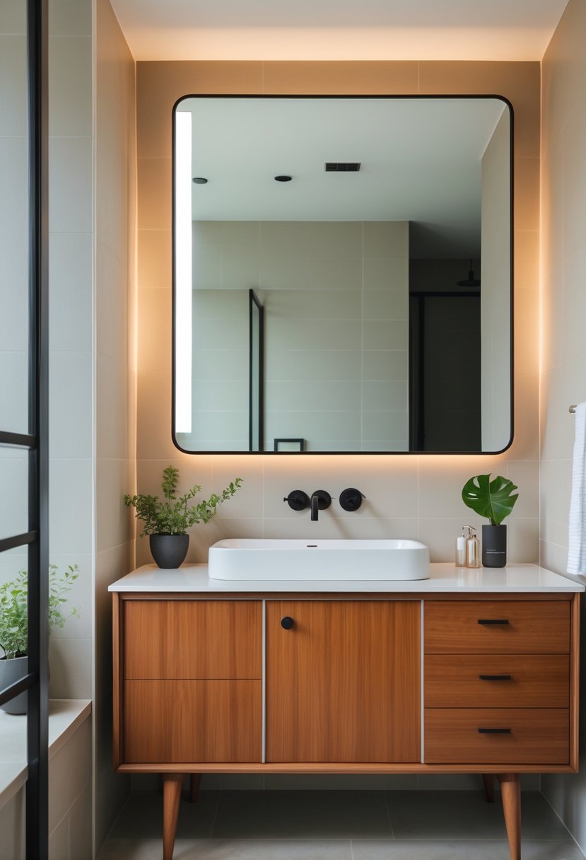 v2 16m8qh 2j0av A bathroom with a wooden vanity, white countertop, mirror, and a small plant on the counter.